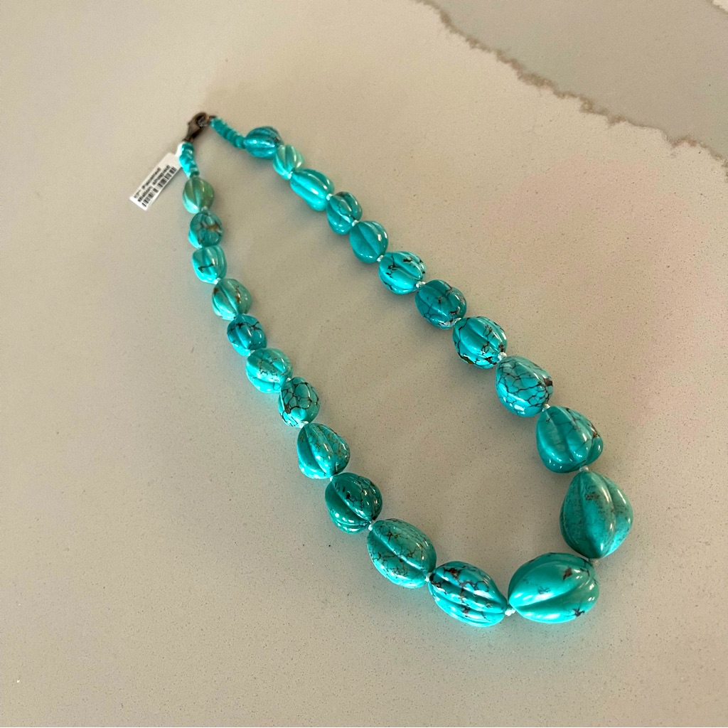 One Of A Kind Natural Turquoise Faceted Melon Shaped Bead Necklace 17”